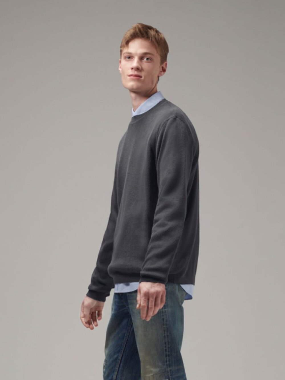 Men's Knit Crewneck Sweater Dark Grey (MYK-002) - Picture 3 of 5